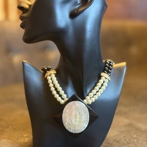 Black Multi-Strand Necklace with Oval Pendant